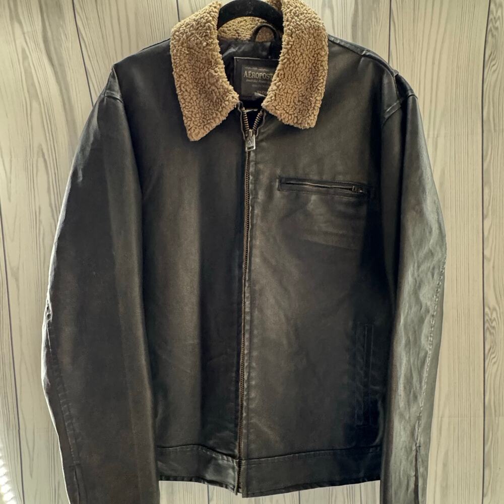 Aeropostale Mens Brown Faux Leather Sherpa Collar Bomber Jacket XL Top Gun